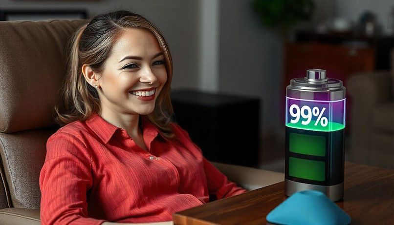 woman recharging her mind with a battery on the table next to her representing the Recharge