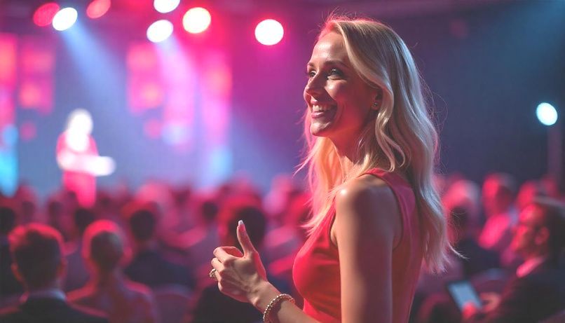 woman standing confidently in front of a group of people
