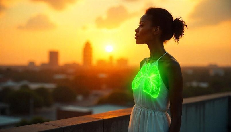 An African American woman standing atop a tall building in a city with green lungs emphasized and taking a big breath of fresh air with a sunset in the background