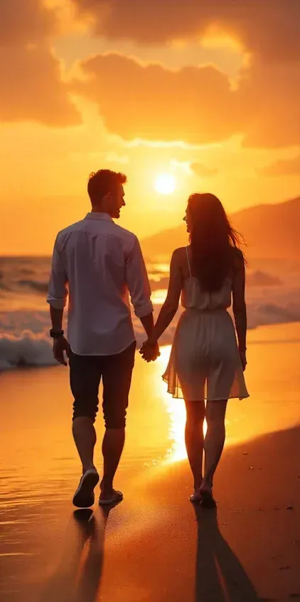 engaged couple walking hand in hand on the beach with a beautiful sunset outside OKC