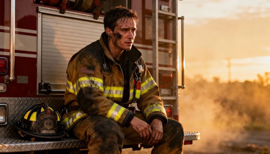 OKC firefighter sitting down on the bumper of the firetruck after fighting a fire