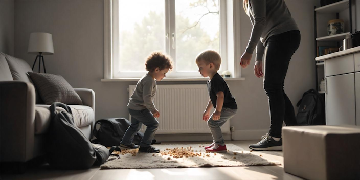 mom and her kids picking up spilled cereal and getting ready for school