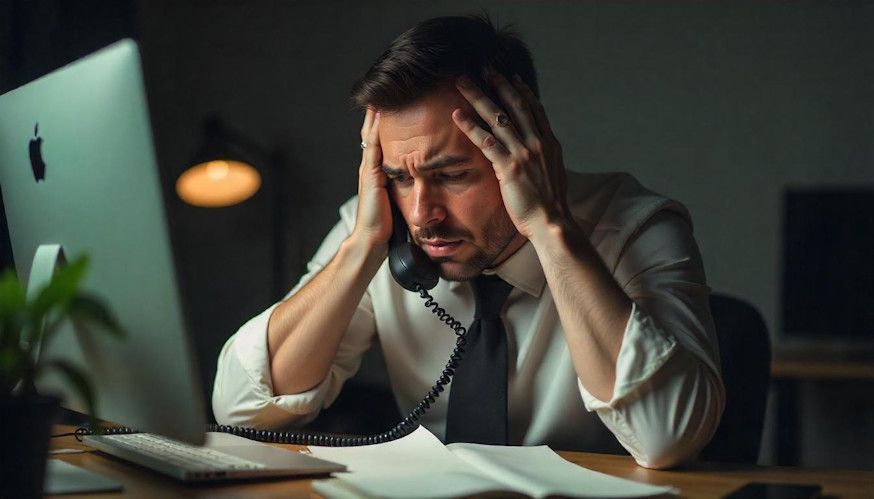 man having a panic attack at work on the phone