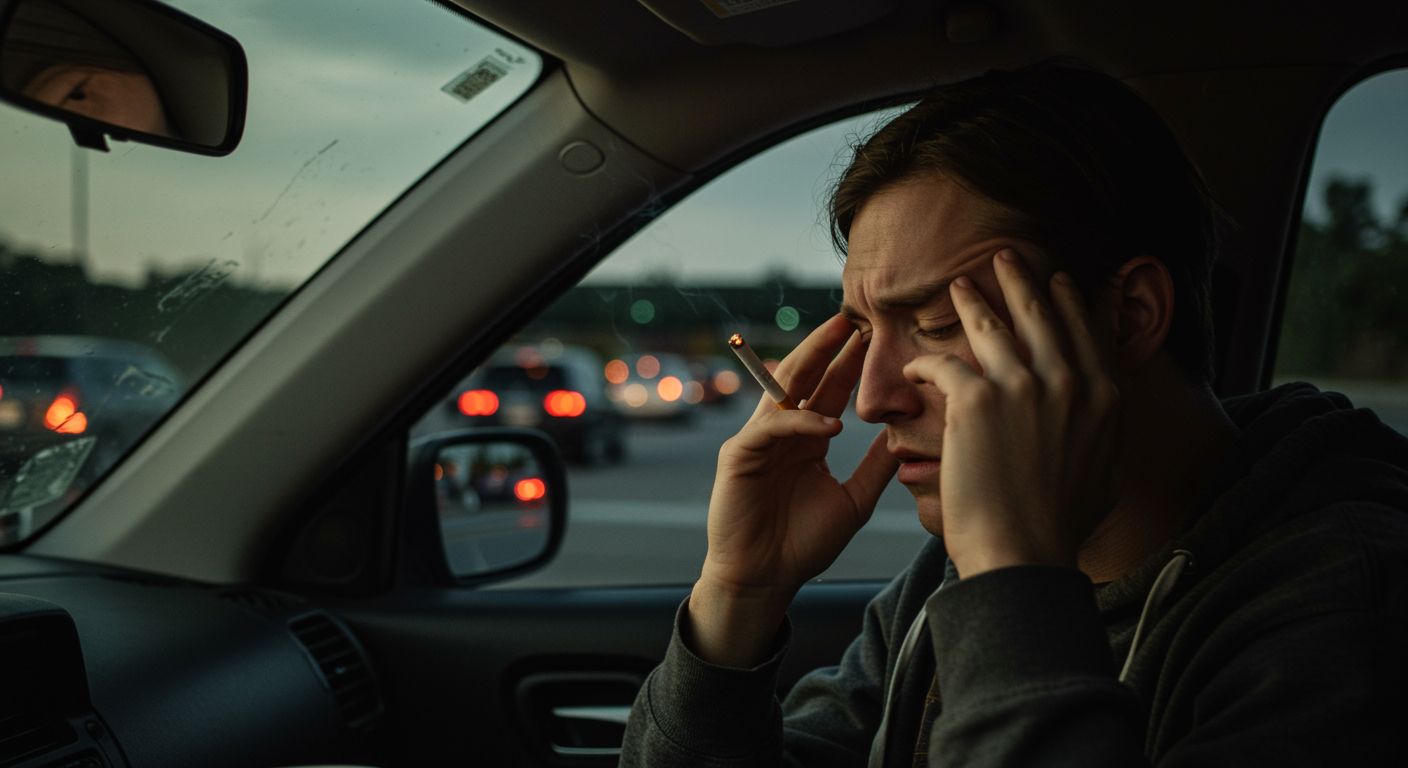 OKC man rubbing his temples sitting in traffic on I-44 cigarette in hand and totally overwhelmed