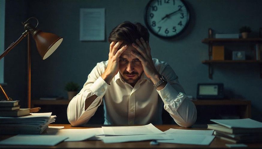 man stressed out and worried he won't complete his work by the deadline