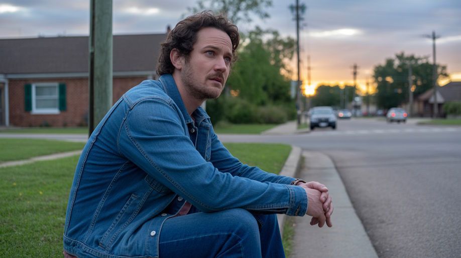 man with a look of anxiety seated on neighborhood curb watching an Oklahoma City sunset soft clouds