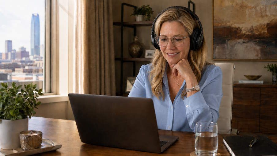 okc woman sitting in her home office during a private remote hypnosis session for anxiety