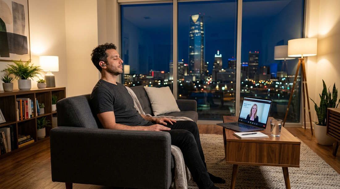 OKC middle eastern man with short curly dark hair in a dark grey tshirt and black jeans at home in hypnosis session on a sleek sofa