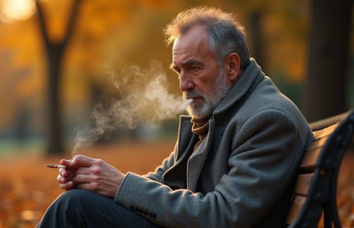 older man smoking but trying to quit sitting on a local park bench in oklahoma city