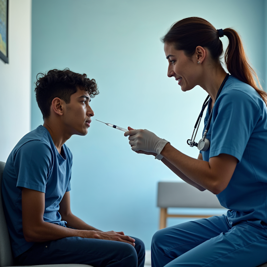 kid at dr office afraid of getting a shot with nurse getting ready to give him a vaccination