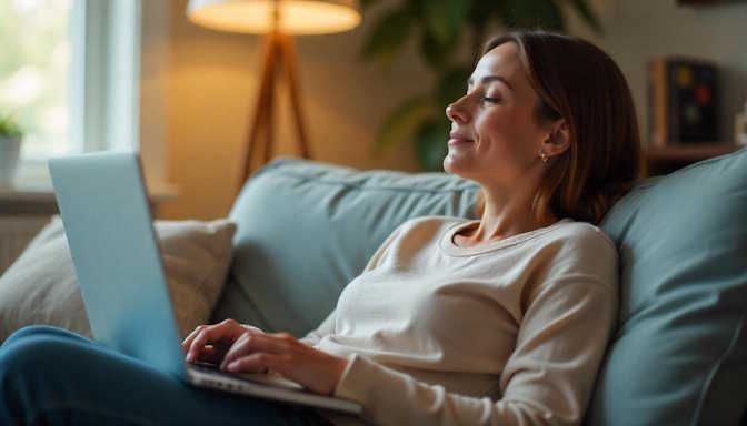 woman at home in a telehealth remote hypnotherapy session with Oklahoma City Elite Hypnosis 