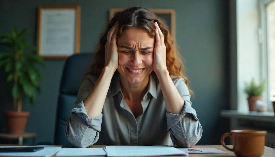 woman holding the sides of her head trying to massage it as her headache causes her lots of pain