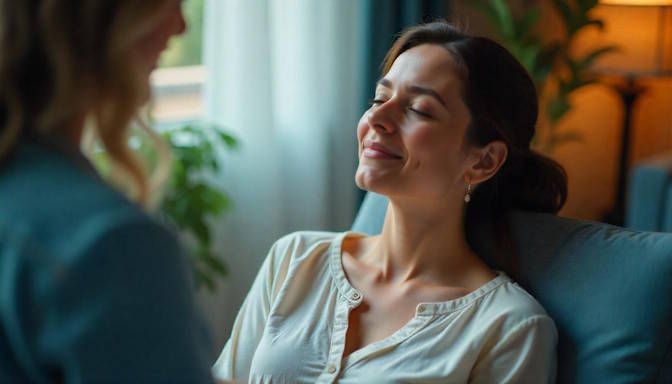 woman in OKC sitting in a peaceful therapy room, eyes closed, with a peaceful expression while a hypnotherapist guides her through a session