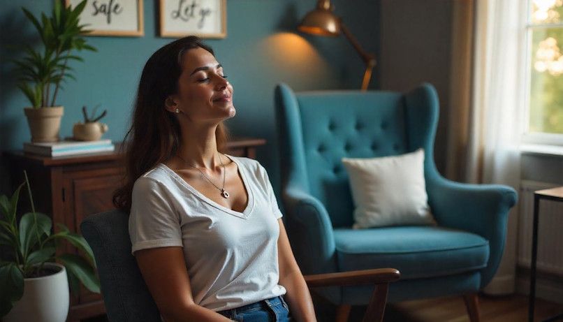 A woman is sitting in a chair in a peaceful and serene living room with her eyes closed smiling.