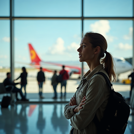 woman staring at an airplane with fear in her eyes