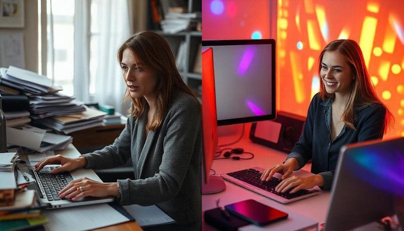 woman with ADHD with scattered desk on one side and the same woman with a clean desk on the other side of the photo