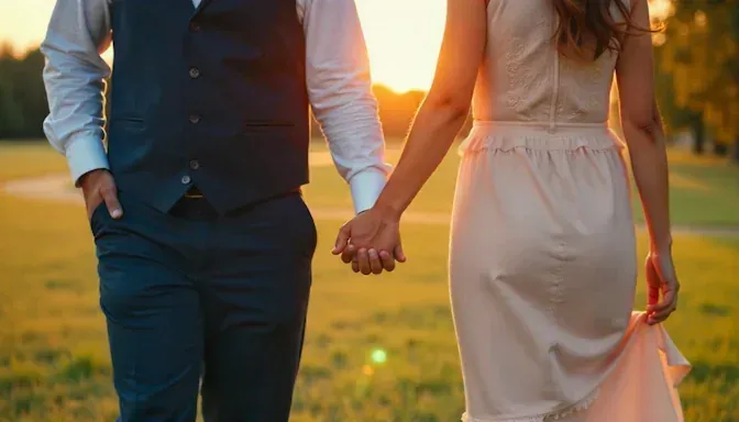 young couple engaged to be married walking in park in OKC