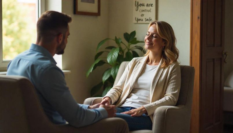 A man and a woman are sitting in chairs facing each other during a hypnotherapy session in OKC