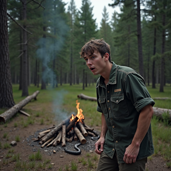 young man on a campground in fear of a nearby snake