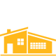 A yellow house with two windows and a chimney on a white background.