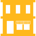 A yellow and white icon of a building with a awning.