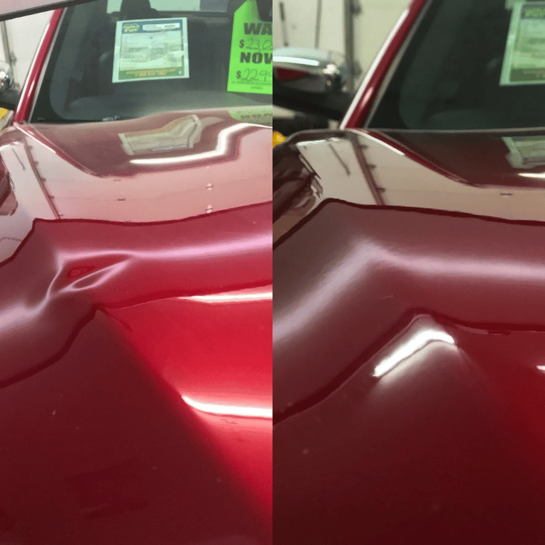 A before and after photo of a red car
