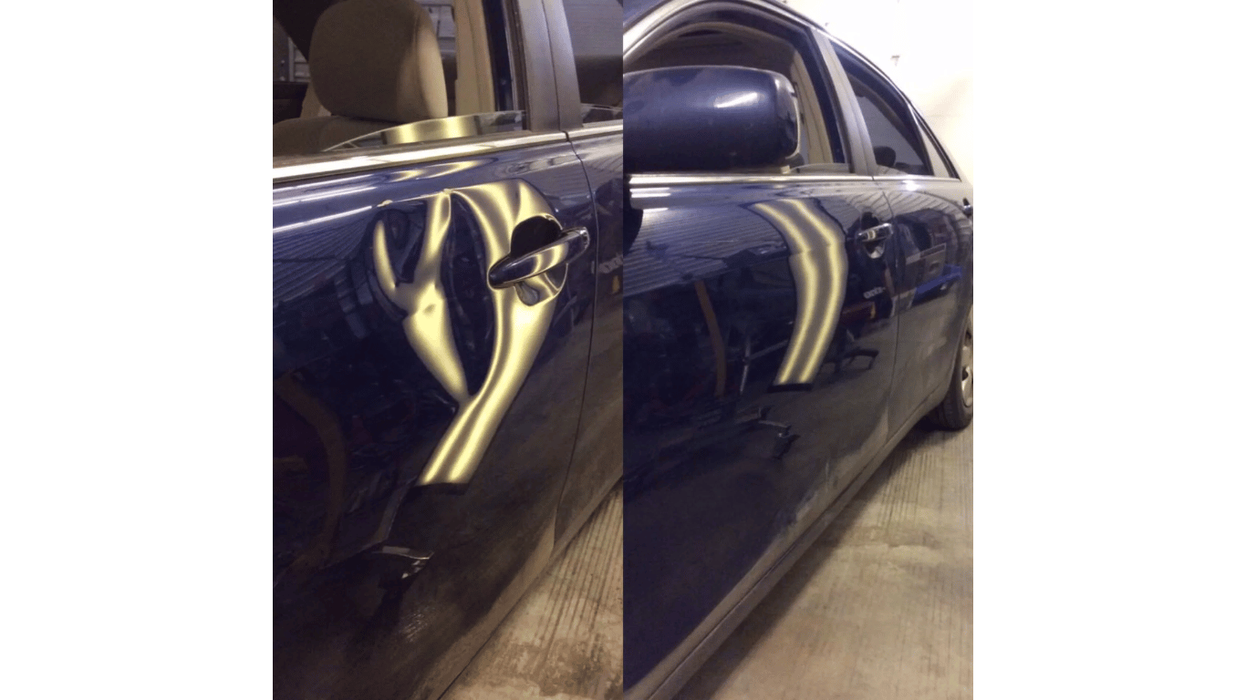 A blue car with a damaged door is shown before and after being repaired.