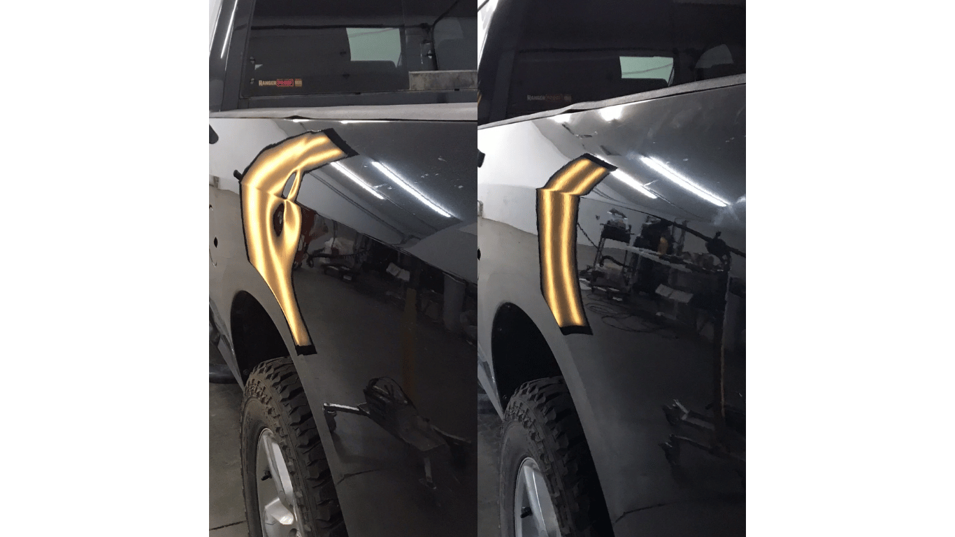 A before and after picture of a car with dents on the fender.