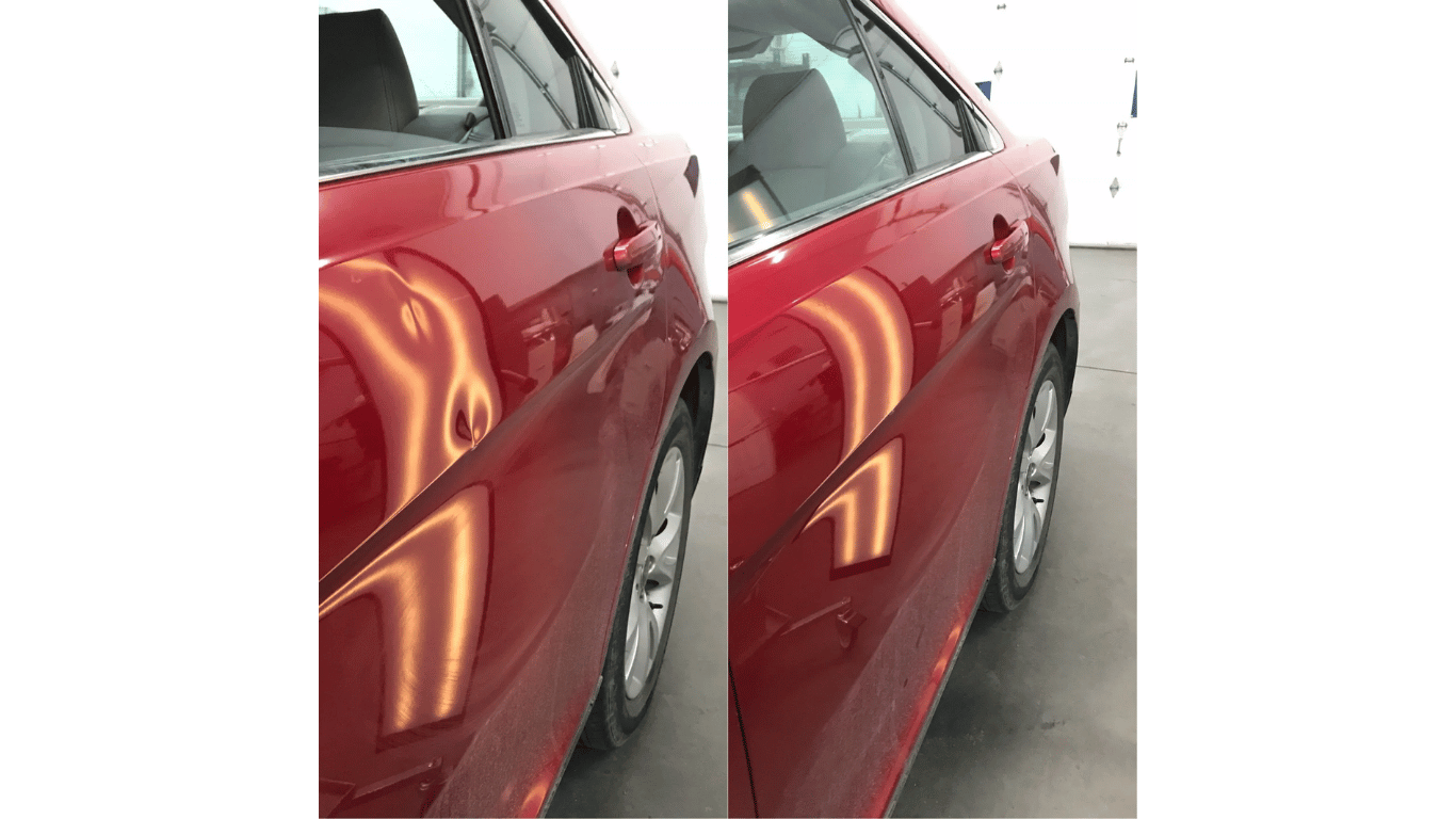 A before and after photo of a red car with dents on the door.