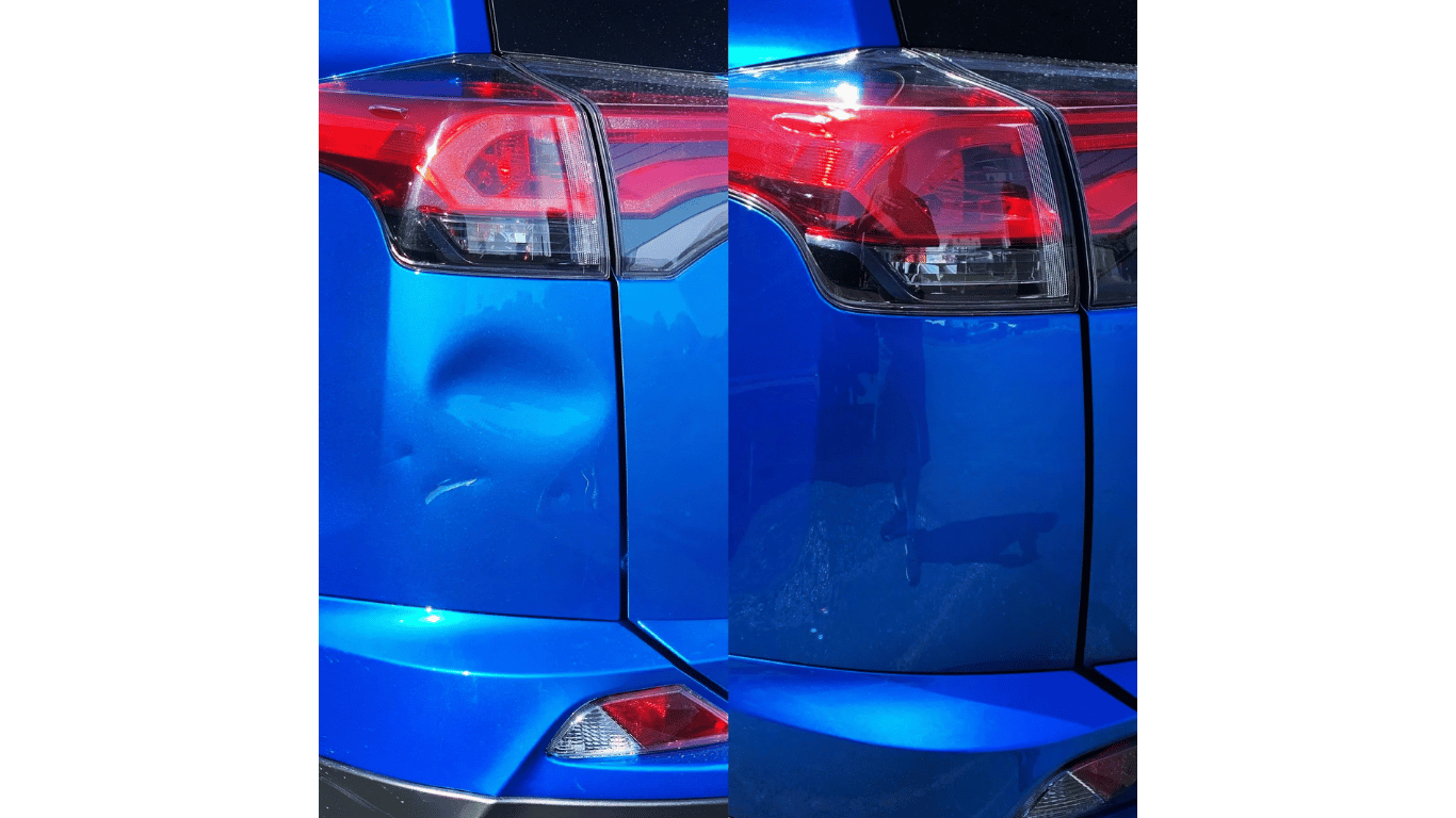 A before and after photo of a blue car with a dent in the back bumper.