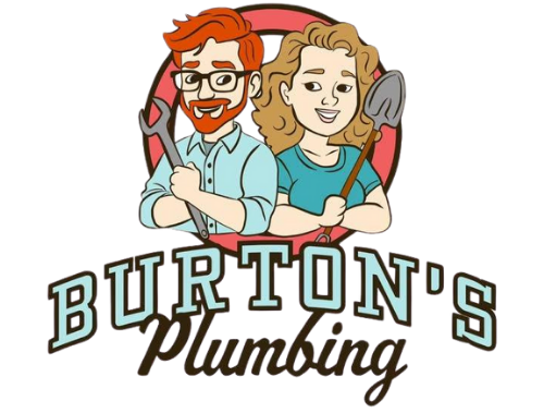 Logo for Burton's Plumbing, featuring cartoon people: man with wrench, woman with shovel. Pink and red circle behind them.