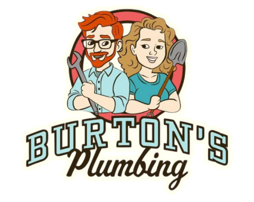 Logo for Burton's Plumbing, featuring cartoon couple holding wrench and shovel. Text 