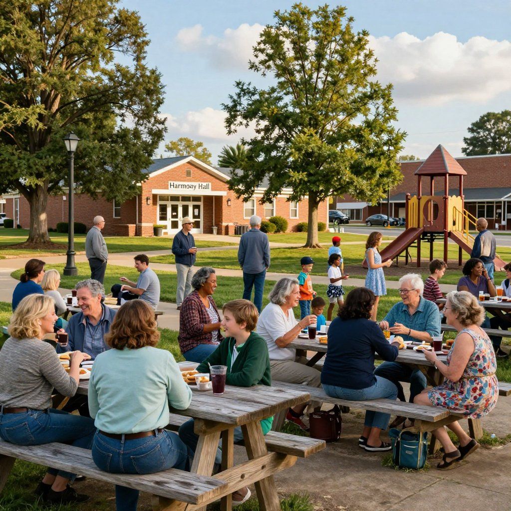 People eating and talking at picnic tables on a sunny school courtyard with playground and building in background