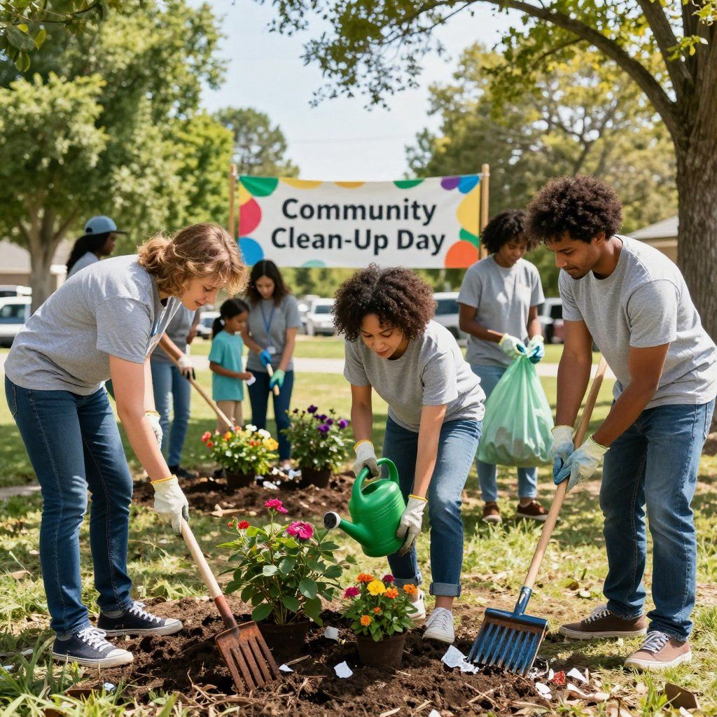 Volunteers planting flowers at a community clean-up day with a banner in a park