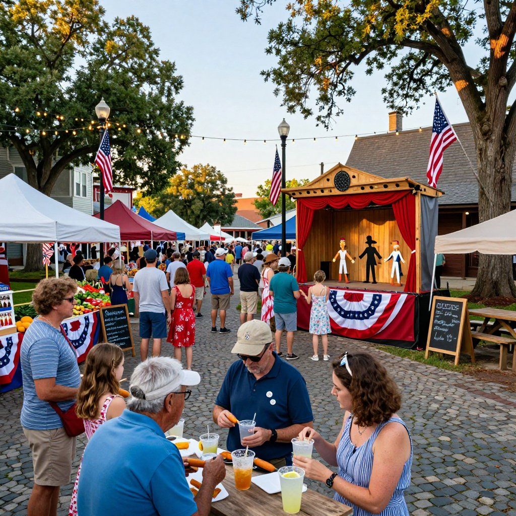 Outdoor festival with crowd, food tables, and a small lit stage decorated with red, white, and blue bunting