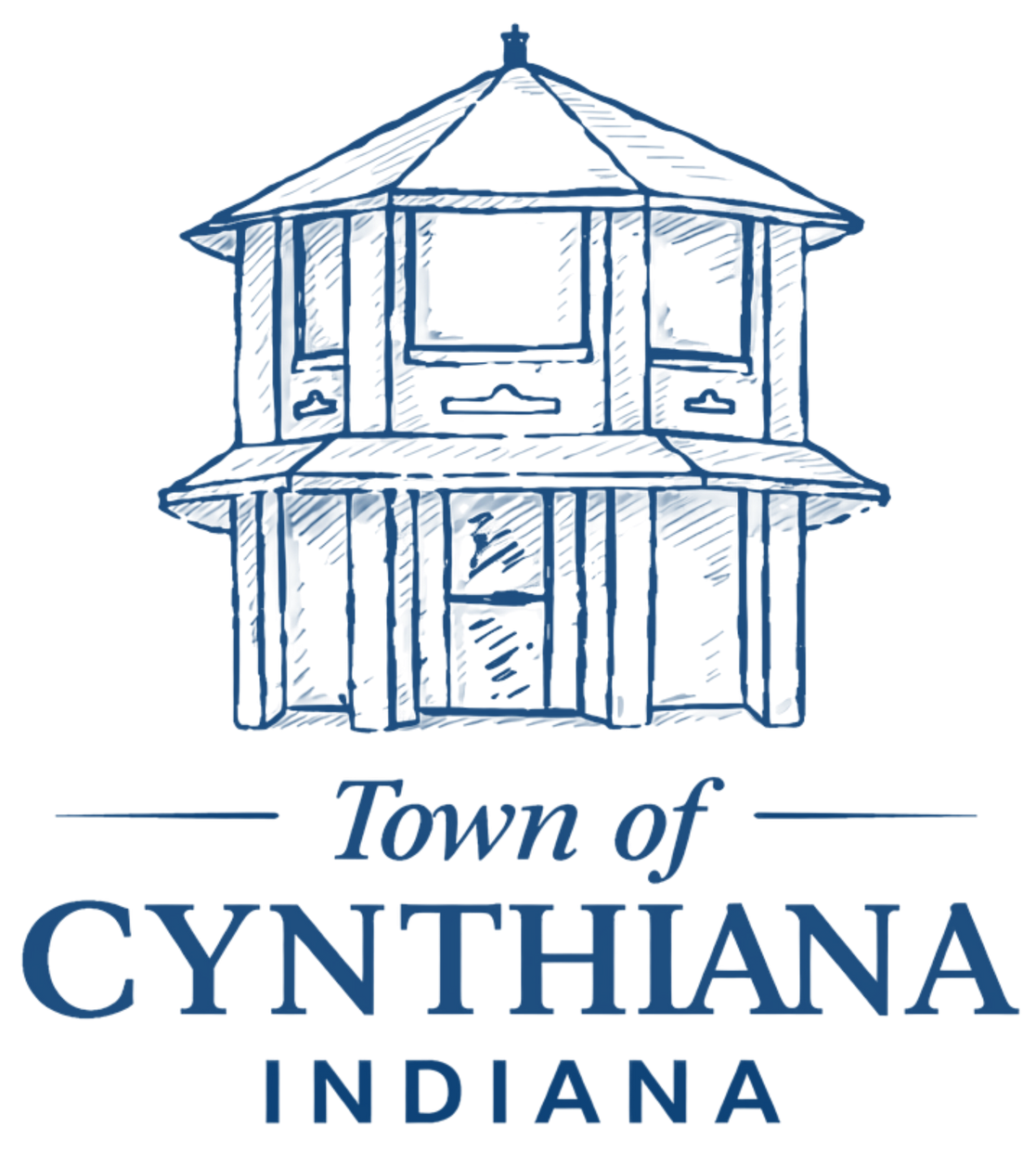 Blue town logo featuring a gazebo and the words “Town of Cynthiana Indiana”