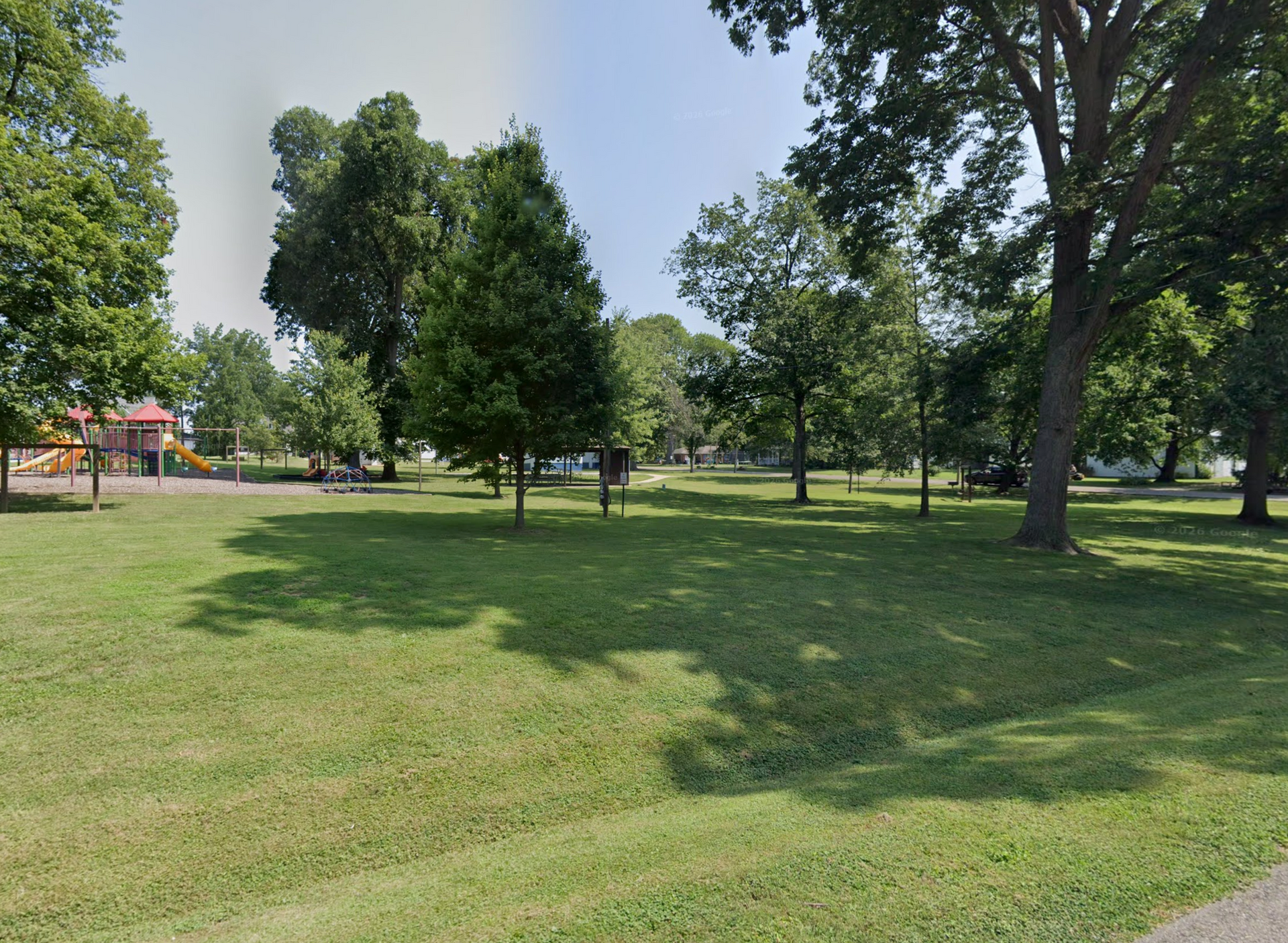 Sunny park with green grass, scattered trees, and a playground in the background.