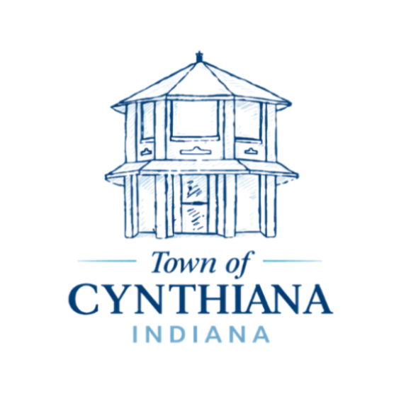 Town of Cynthiana, Indiana logo with a blue courthouse sketch and text