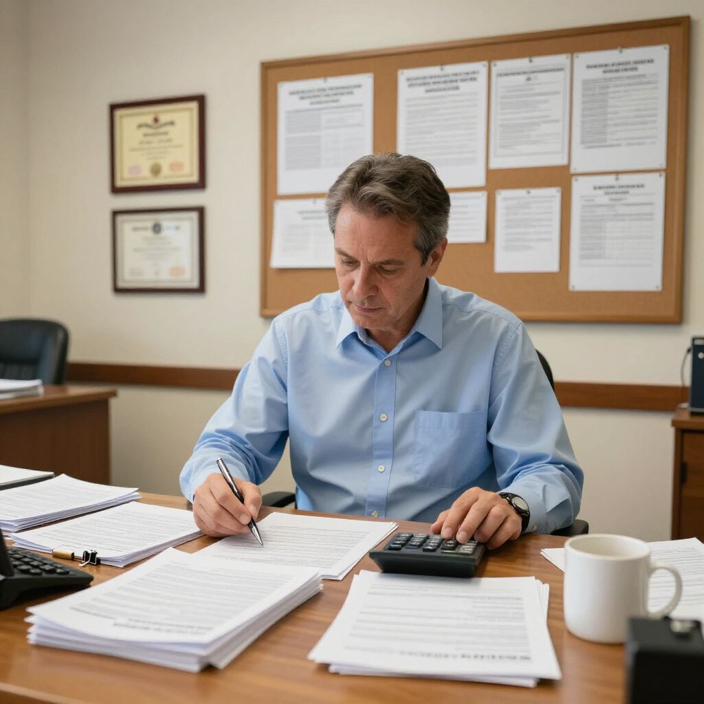Man in blue shirt writing at a desk with papers, calculator, and coffee mug in an office