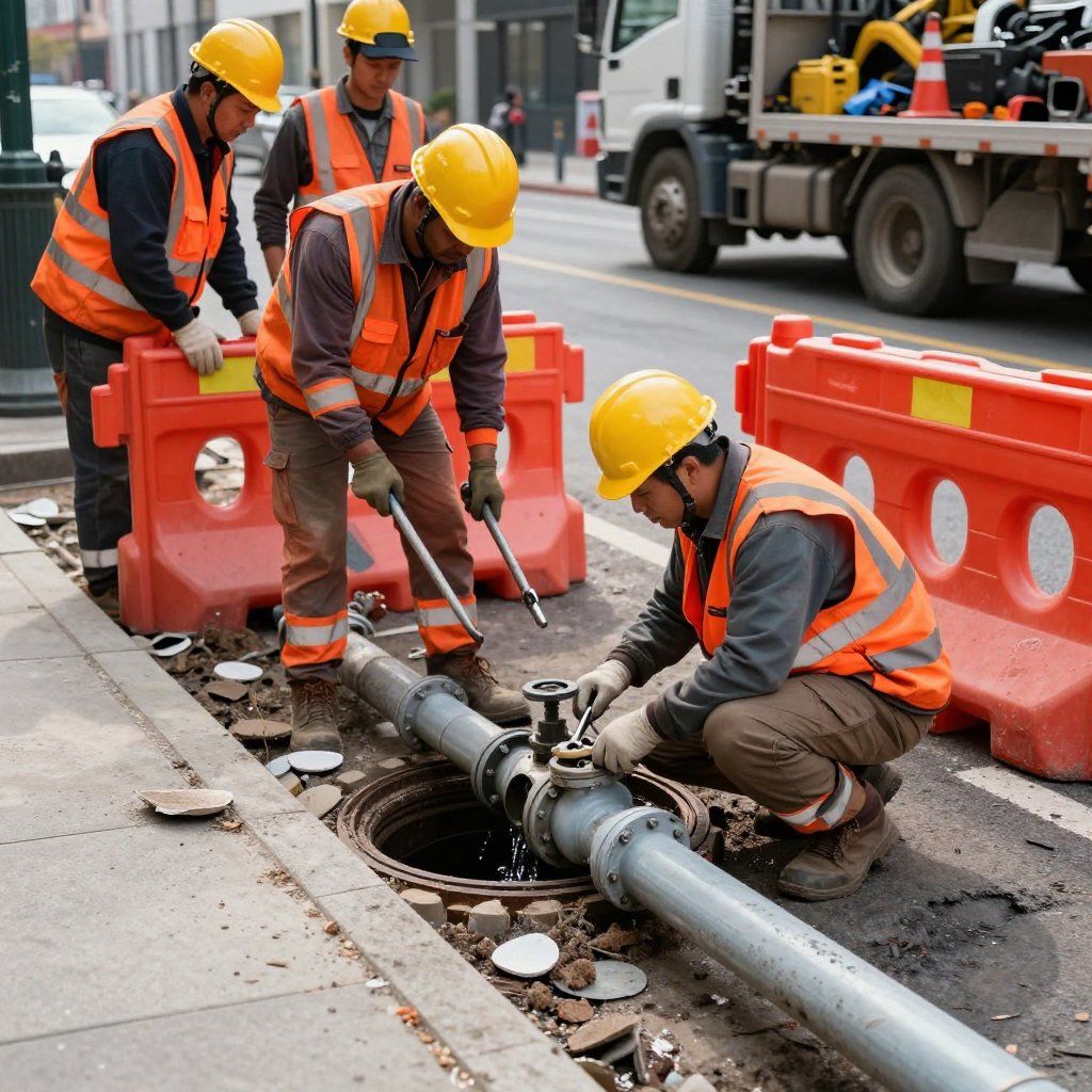 Workers in orange safety gear repair a street utility pipe beside an open manhole.