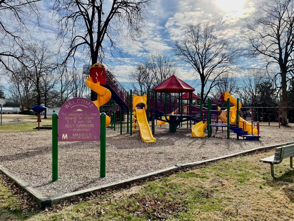 Playground with colorful climbing structures and slides in a park, bordered by trees and mulch.