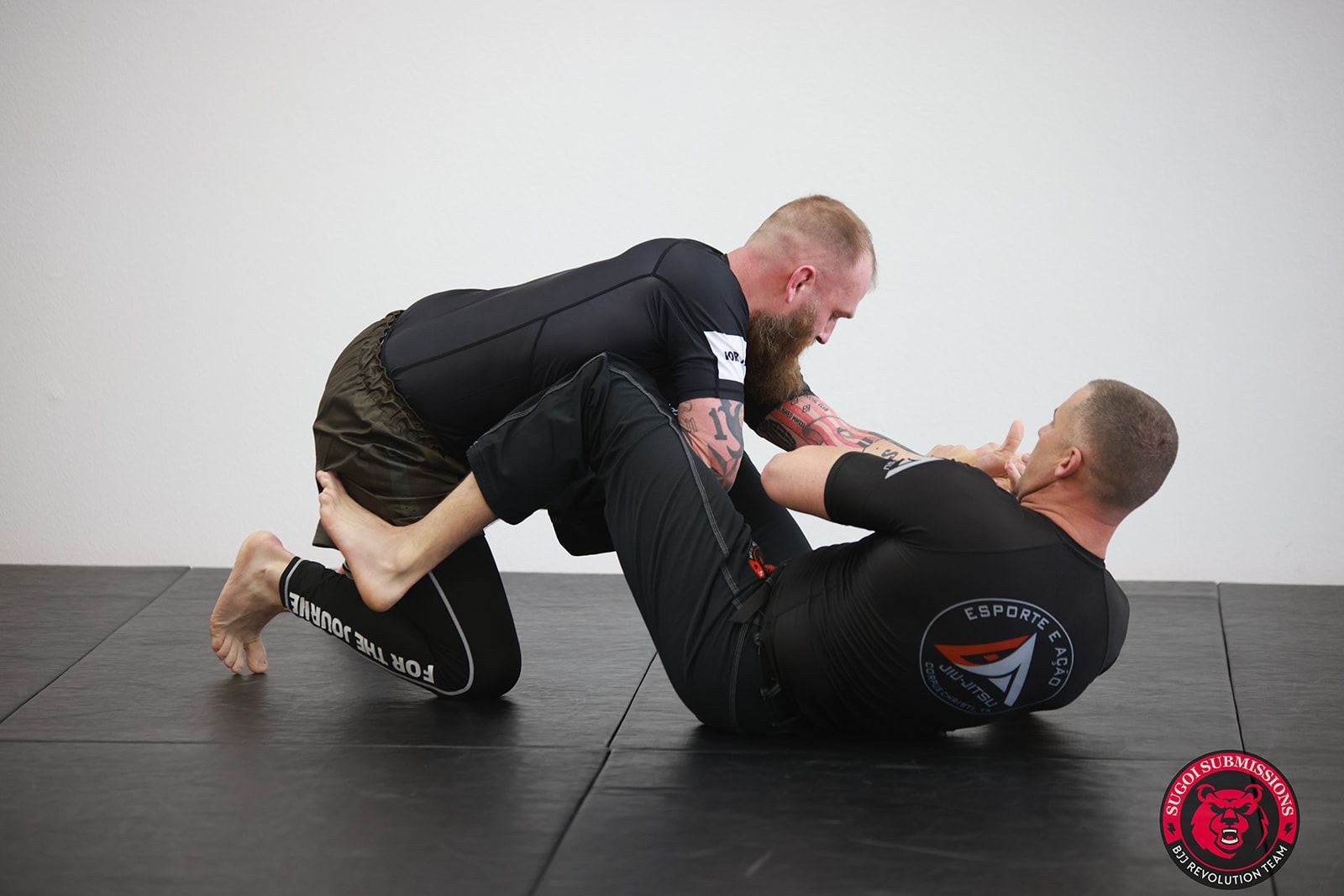 Adults drilling Brazilian Jiu-Jitsu techniques at Sugoi Submission in Corpus Christi, Texas.