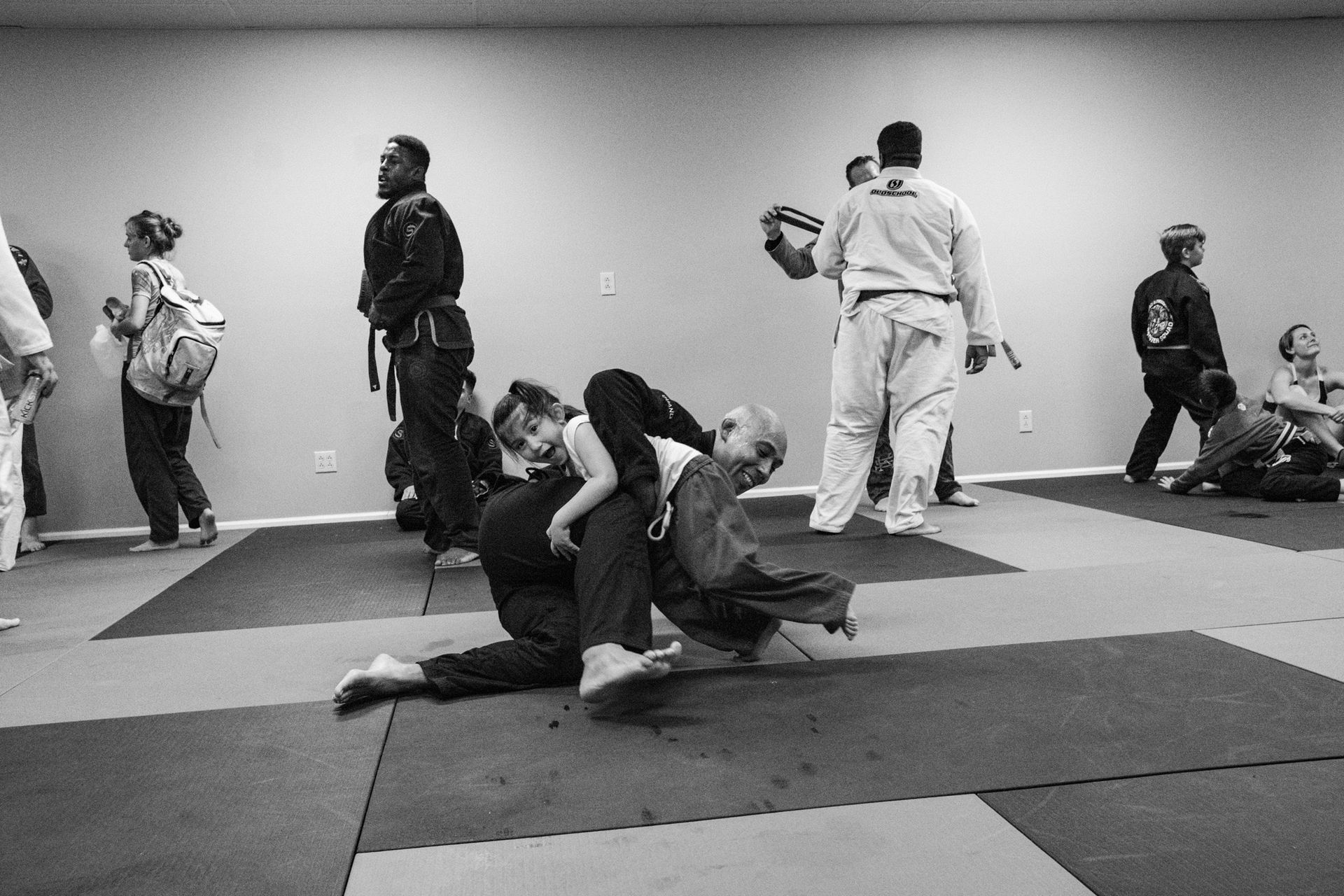 Students drilling Brazilian Jiu-Jitsu techniques at Sugoi Submission in Corpus Christi, Texas.