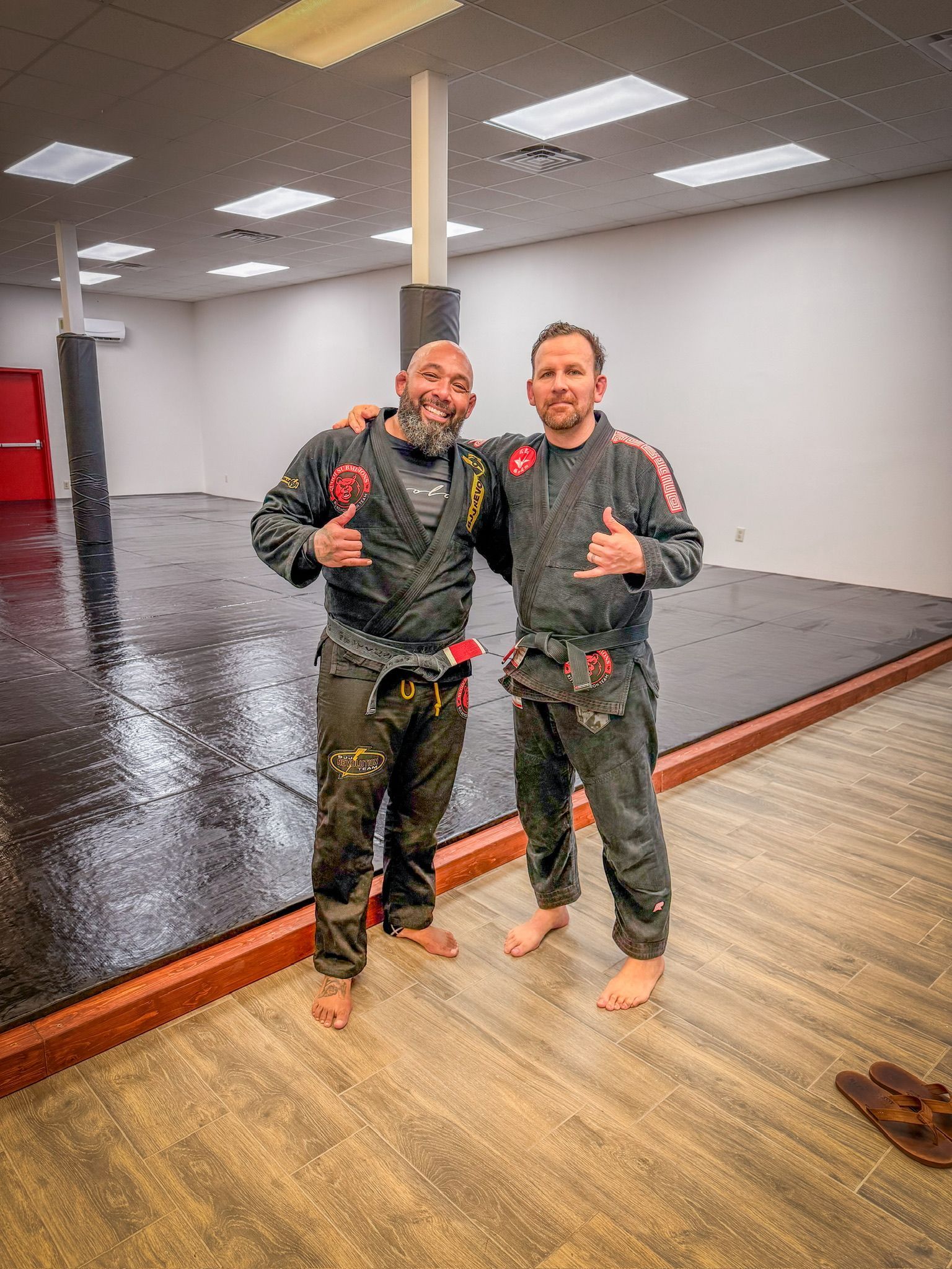 Students drilling Brazilian Jiu-Jitsu at Sugoi Submission in Corpus Christi, TX.