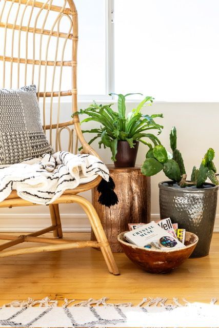A wicker chair is sitting next to a window in a living room surrounded by potted plants.