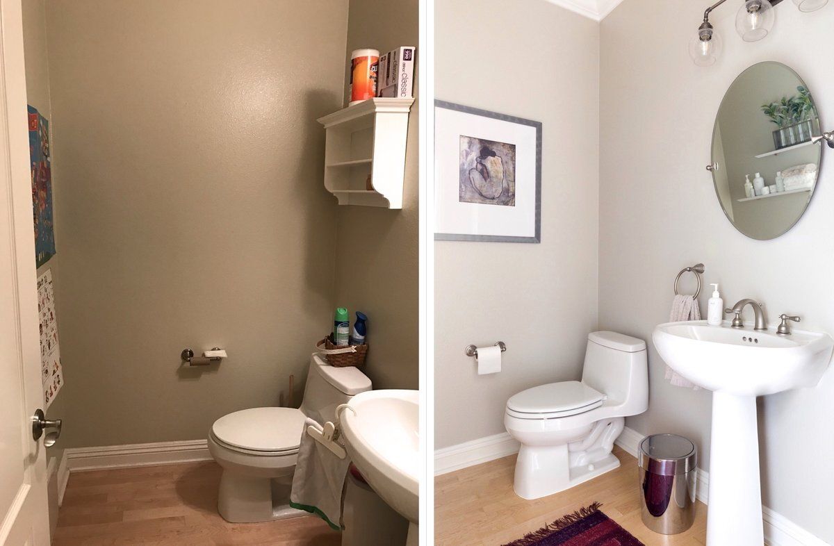 A before and after photo of a bathroom with a toilet , sink and mirror.