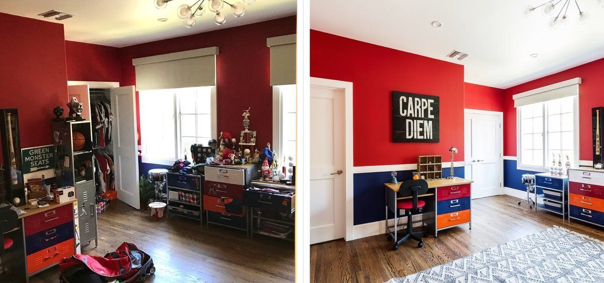 A before and after photo of a bedroom with red walls and a desk.