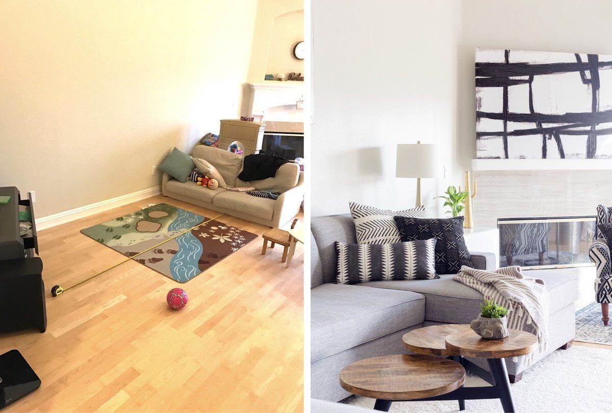 A before and after photo of a living room with a couch and a fireplace.