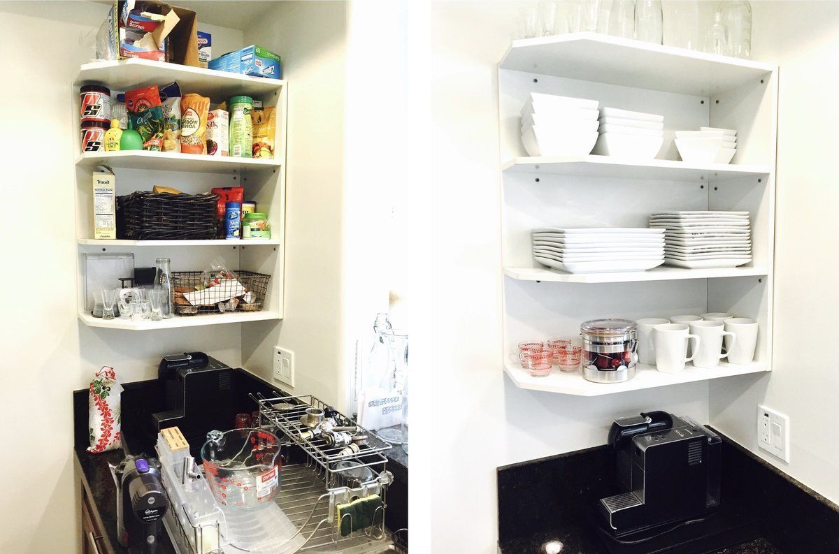 Two pictures of a kitchen with shelves and a sink