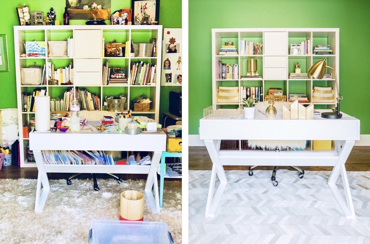 A before and after photo of a desk in a room with green walls.